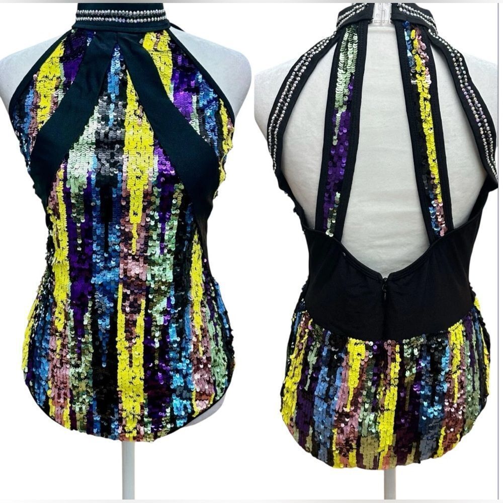 Glamour solo dance costume rainbow sequin rhinestone Leotard 5668 LA-Large adult